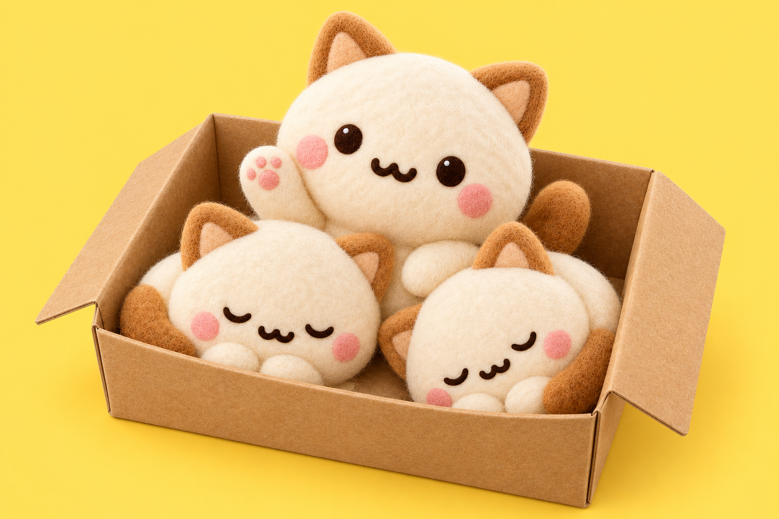 箱にすっぽり入った、ふわふわのぽむりと猫たち