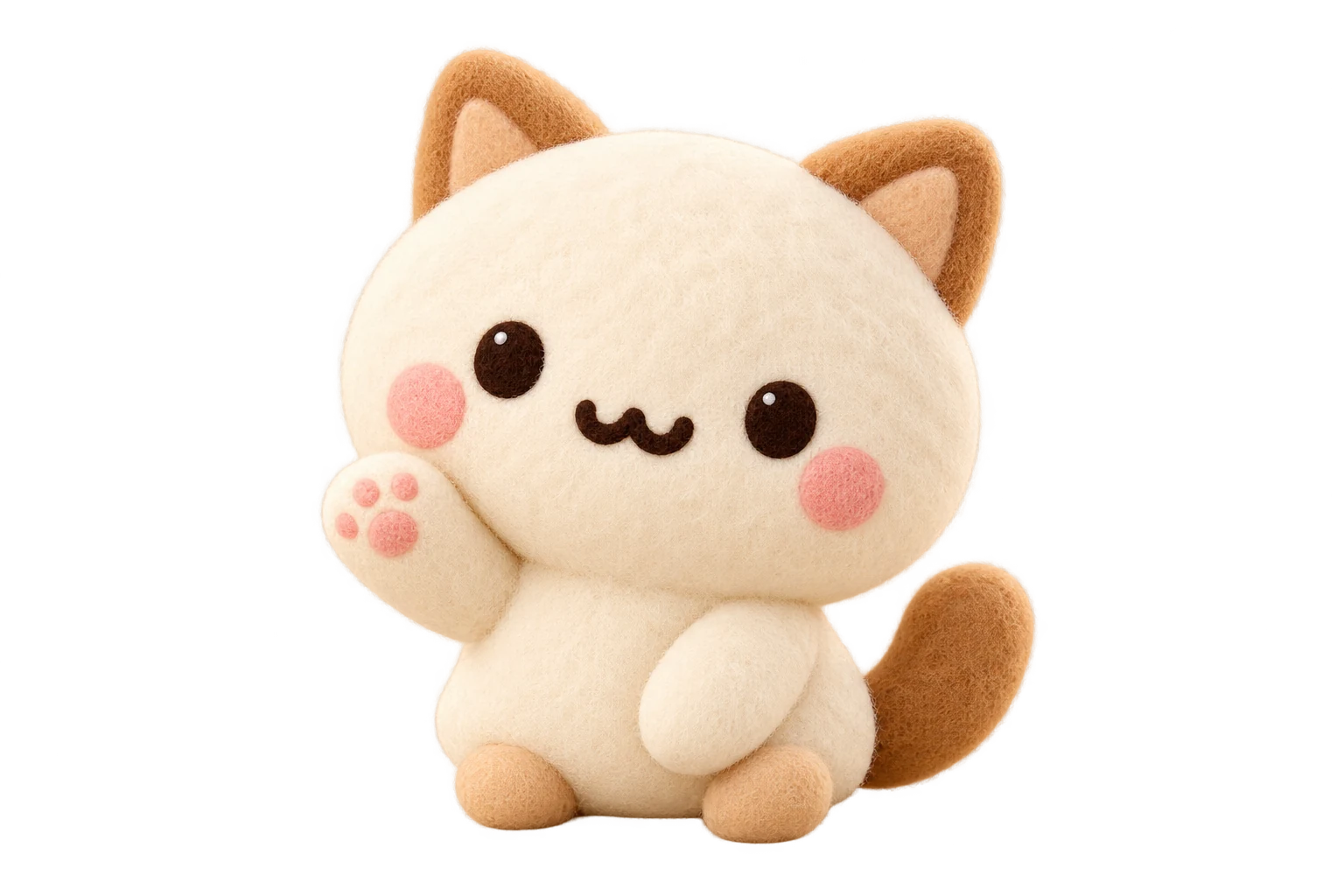 ふわふわのぽむりが、片手を上げてごあいさつ